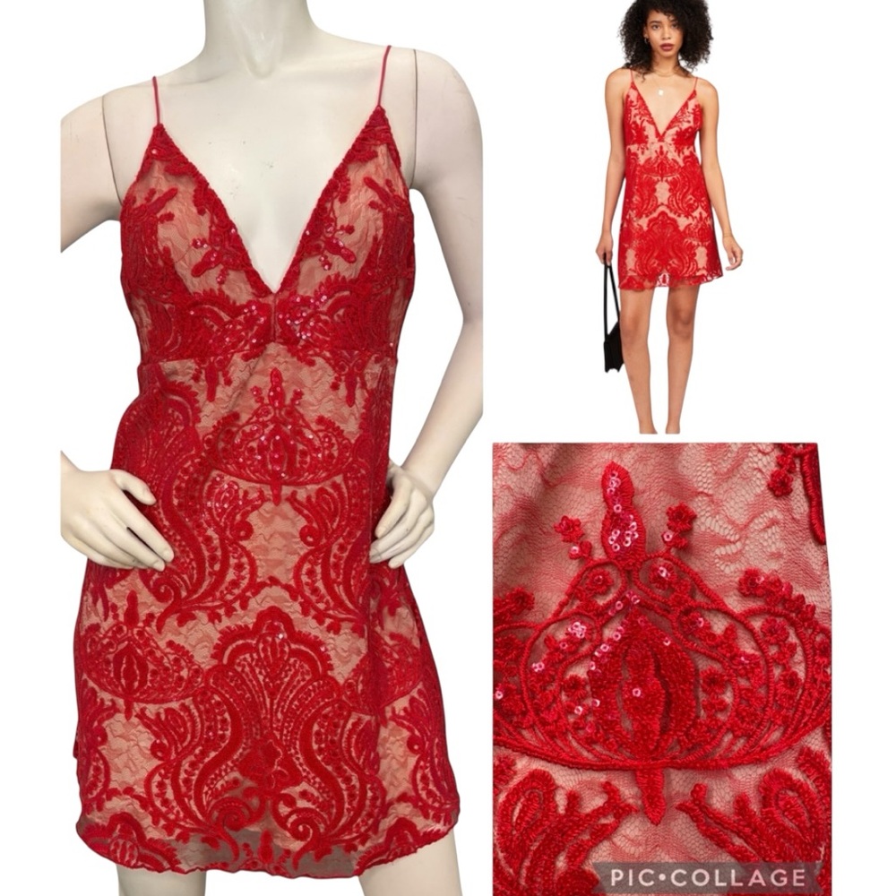 FREE PEOPLE Red & Nude Night Shimmers Lace & Sequin Illusion Mini Dress, 10